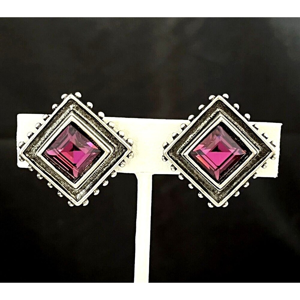 Vintage 1980s Stud Earrings Purple Crystal Geometric Antiqued Silver Tone - 10D